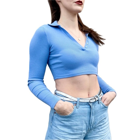 Zara Ribbed Knit Tennis Preppy Collared Long Sleeve Crop Top Small - Picture 1 of 8